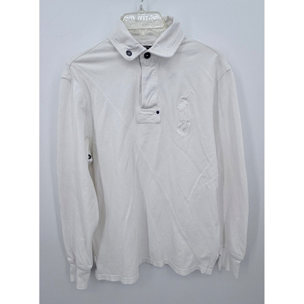 Vintage Polo Ralph Lauren White Big Pony Rugby Shirt Long Sleeve Throat Latch M